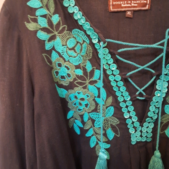 Double D Ranch Black Top Blue Embroidered Turquoise Button Embelish Sheer - Picture 2 of 7